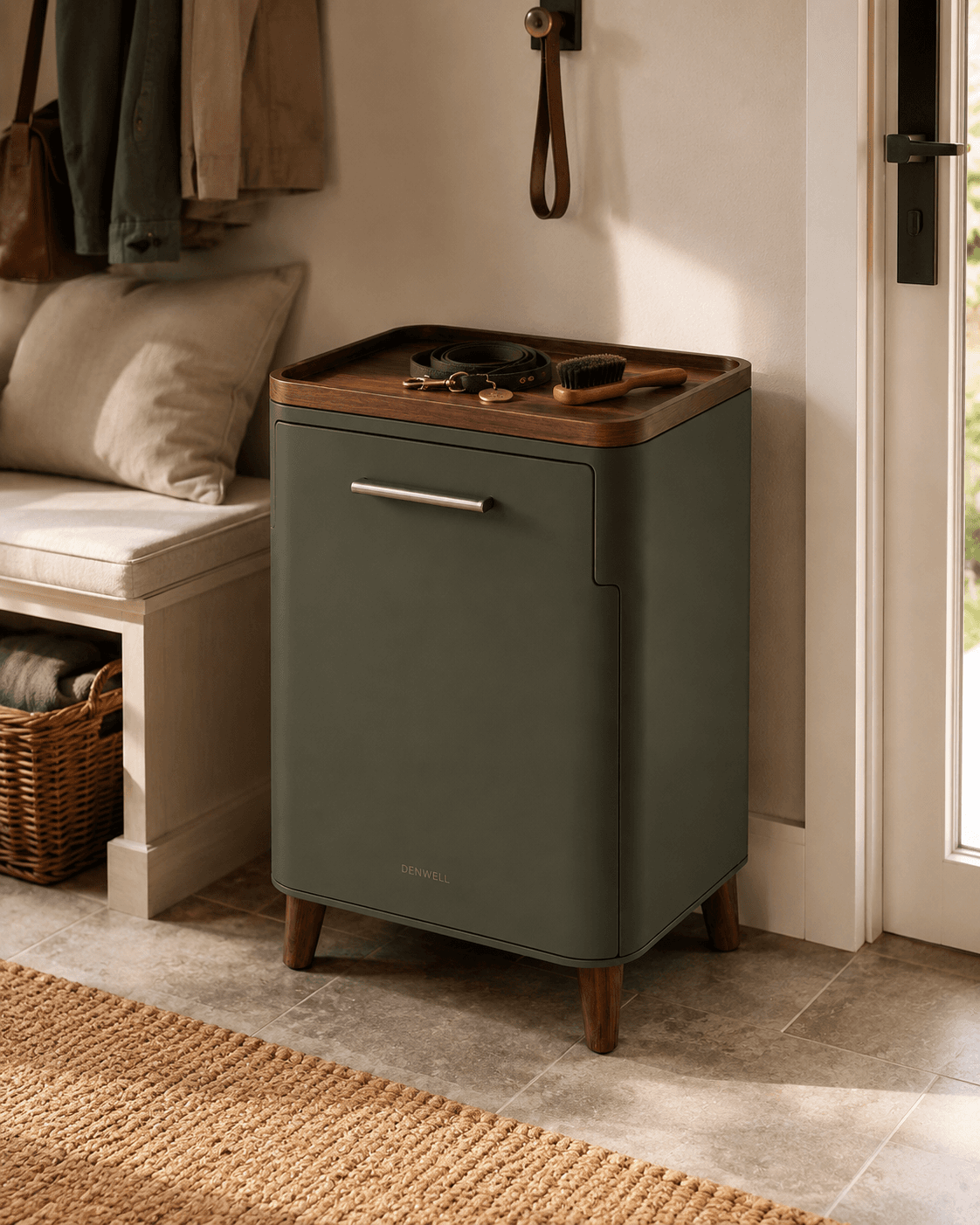 Denwell cabinet styled in a warm home entry space