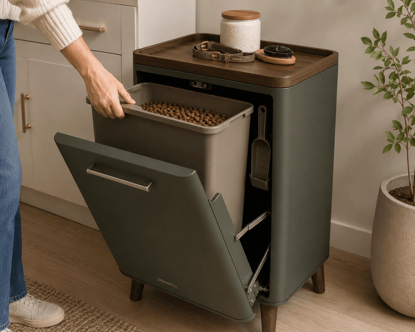 Denwell removable food-safe inner bin being lifted out for refills and cleaning