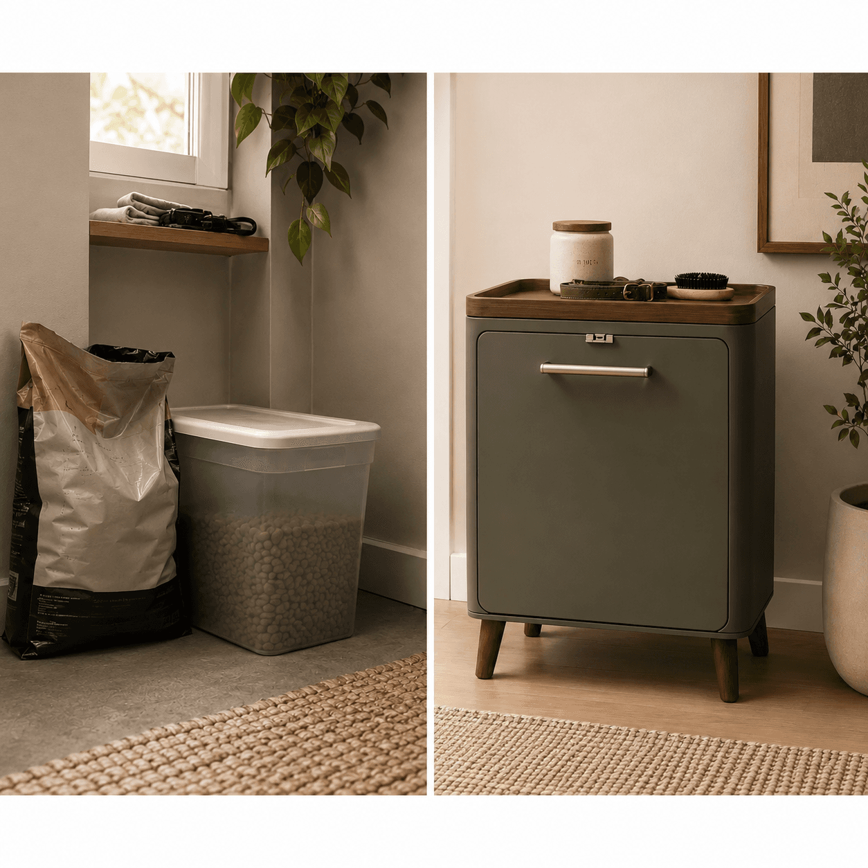 Before and after comparison showing a dog food bag and plastic bin replaced by a Denwell cabinet in the home