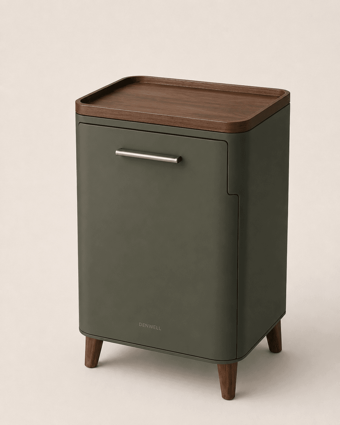 Closed Denwell dog food cabinet with an olive cabinet body, walnut tray top, and raised wood legs