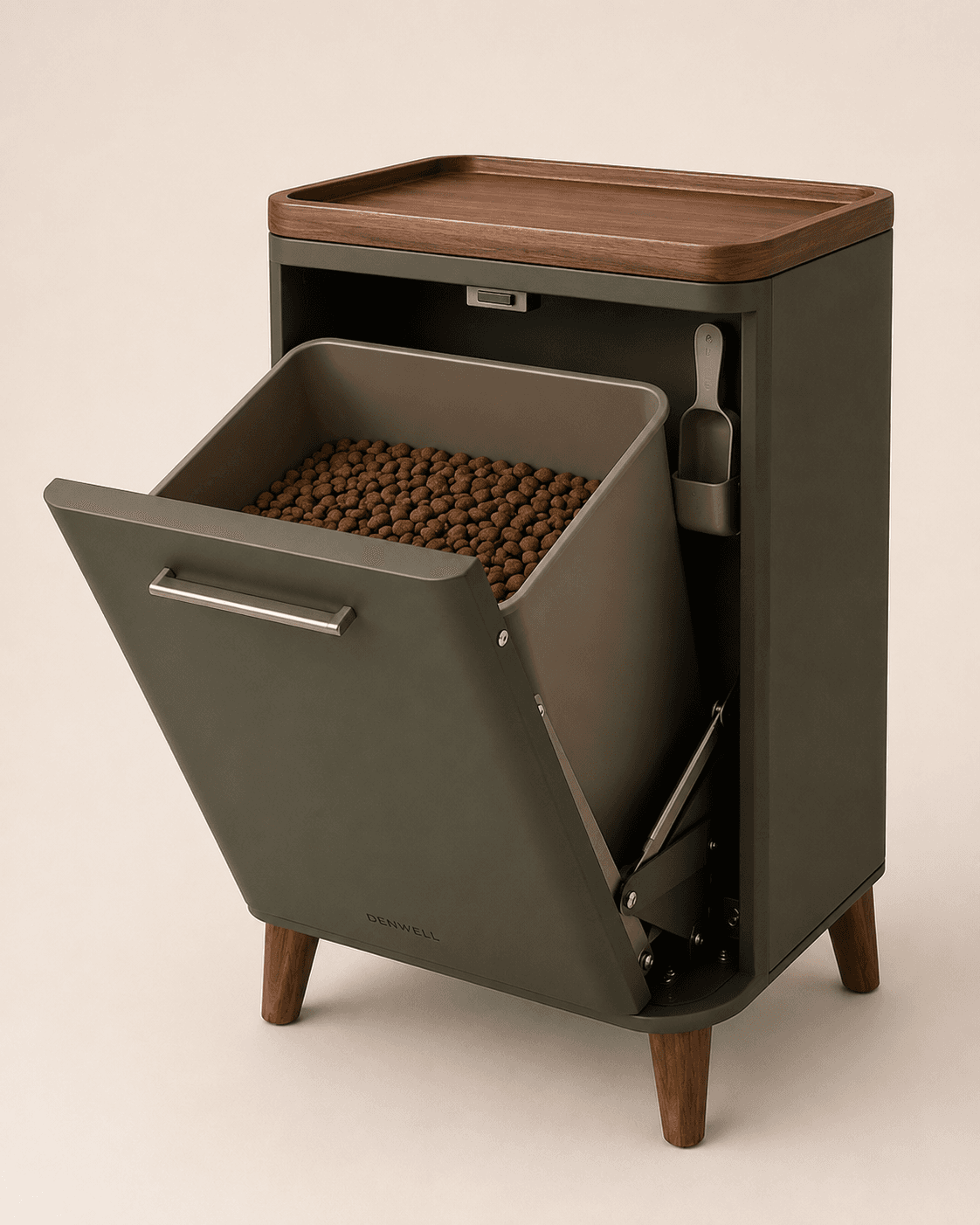 Open Denwell dog food cabinet showing the tilt-out kibble bin and hidden scoop holster