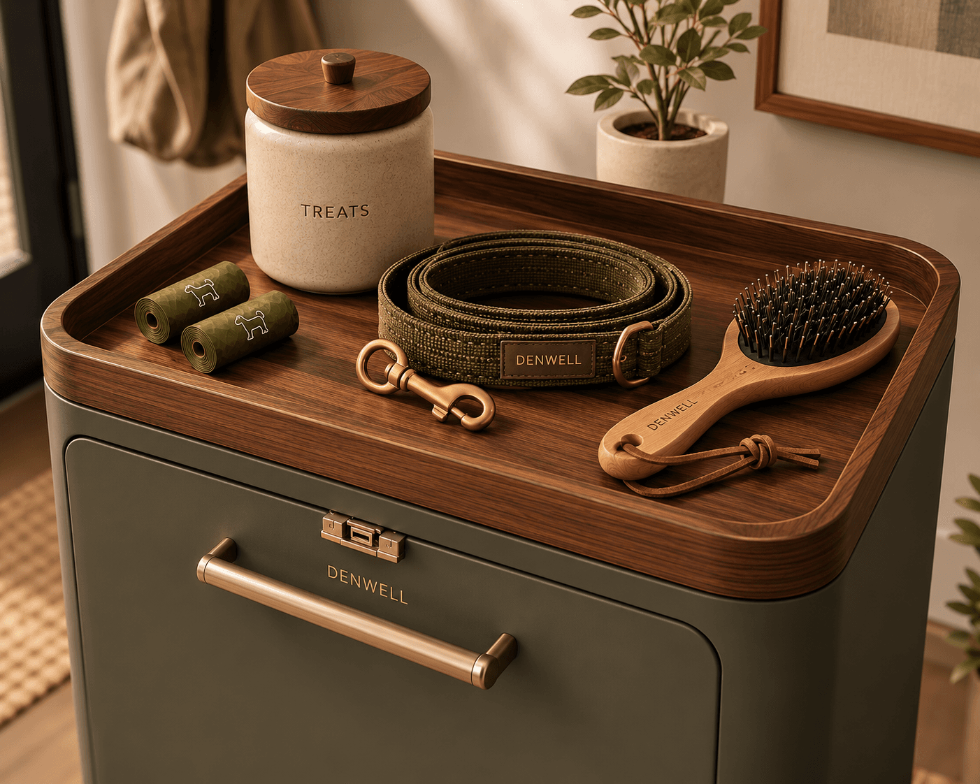 Close-up of Denwell fixed walnut tray top holding daily dog essentials